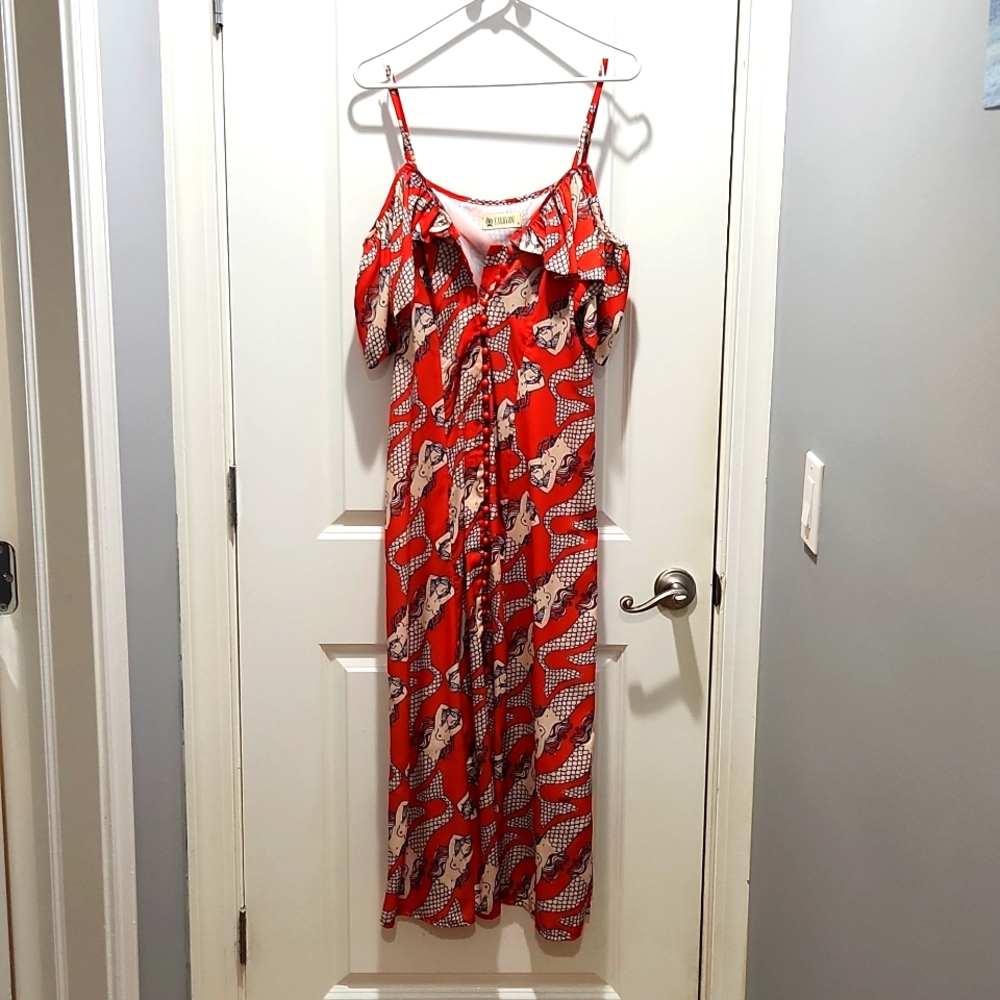 Red silk dress with fun mermaid print